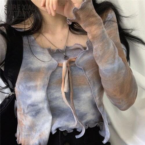 Tie Dye Blouse Women Sexy V-Neck Long Sleeve Female Top Summer 2020 New Casual Lace Up Ladys Blouse+Camis Chemisier Femme 10372