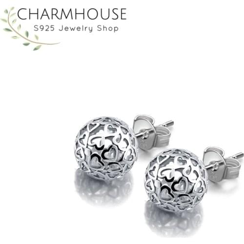 Charmhouse 925 Silver Stud Earrings for Women Korea Style Hollow Ball Earing Wedding Bridal Jewelry Brincos Best Friend Gifts