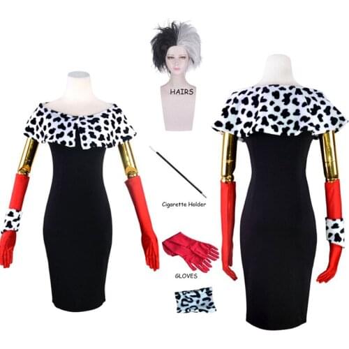 Cruella De Ville Cosplay Costume Dalmatian Fancy Dress Womens Ladies Anime Fashion Outfit Accessories For Women Halloween Party