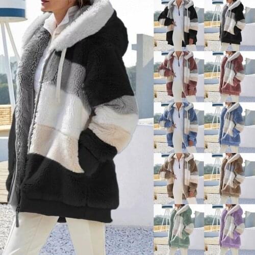 2021 European and American Womens Winter Warm Plush Patchwork Zipper Pocket Hooded Loose Coat