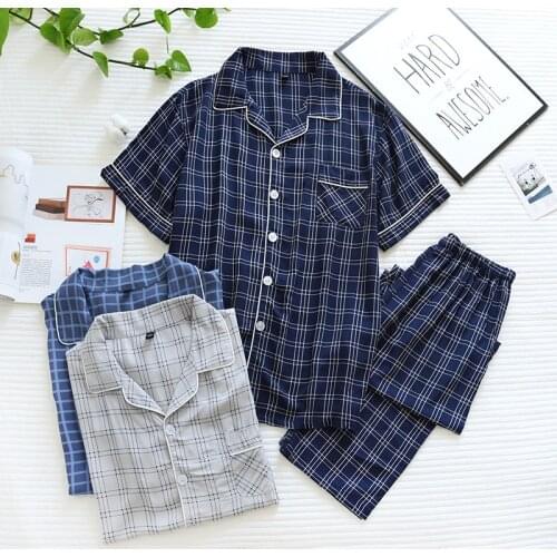 2021 new mens short-sleeved trousers pajamas two-piece 100% viscose spring and summer thin plaid large size home service cover