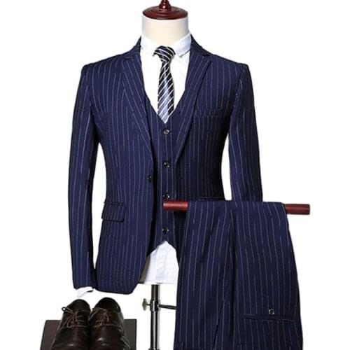 2021 High Quality Men Business Dinner Blazers Coat Stripe Slim Fit Wedding Male Groom Tuxedos Suit Jacket Pants Vest 3 Pcs Set