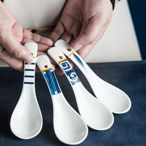 4pcs Japanese Style Ceramic Spoon Household Soup Spoons Rice Spoons Teaspoon Catering Kitchen Cooking Utensil Tableware