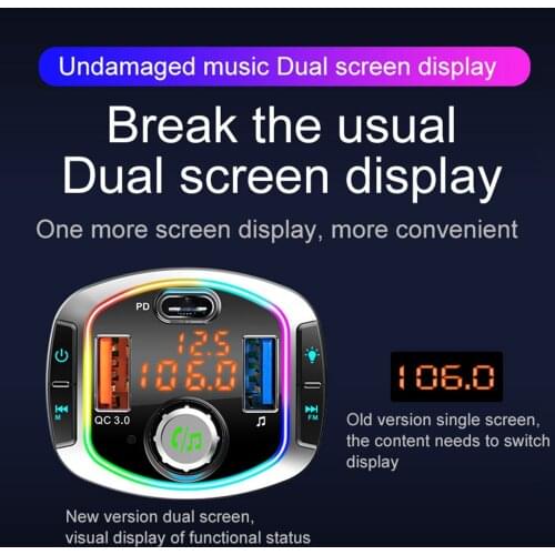 Car Bluetooth V5.0 FM Transmitter PD Fast Charge Hands-Free Call 2 USB Ports