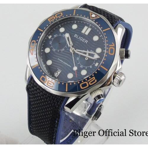 BLIGER Brand 41mm Quartz Men Watch Fashion Sapphire Glass Date Window Ceramic Bezel Rubber Strap