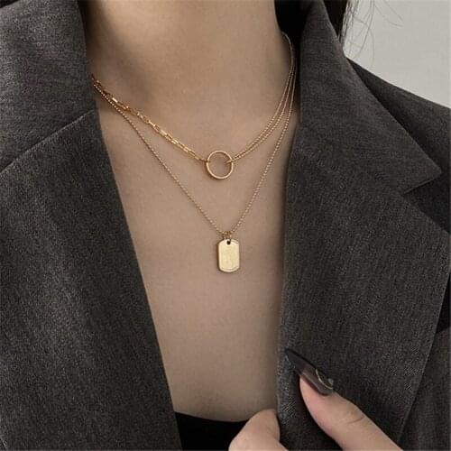 TIMEONLY Retro Minimalist Coin Toggle Clasp Circle Necklace for Women Double Layers Gold Color Chain Chokers Necklaces Jewelry