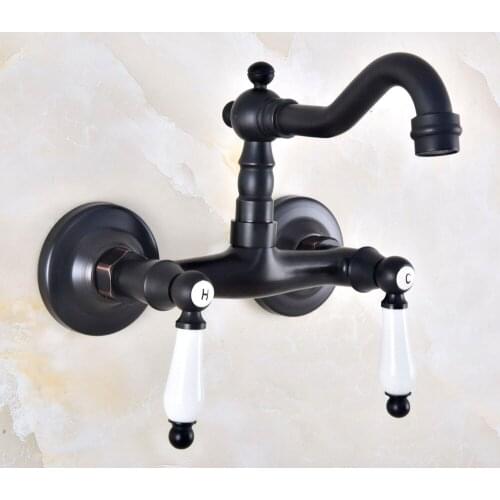 Black Oil Rubbed Bronze Bathroom Kitchen Sink Faucet Mixer Tap Swivel Spout Wall Mounted Double Handles mnf835