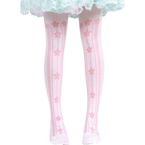 Cute pink Lolita Sakura print thigh-high 100D Velvet fashion japanese Sweet lolita stockings Tights