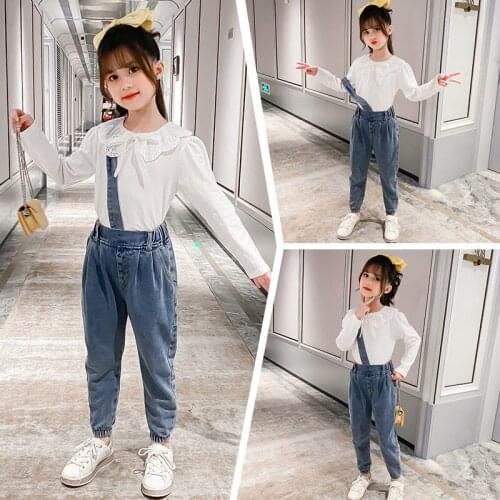 Girls Set 2021 New Spring Children Denim Overalls Clothing White Shirt + Jeans 2 Pieces Sets