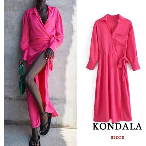Women Chic Pink Sexy V Neck Maxi Shirt Dress Streetwear Za 2021 Sashes Button Side Split Long Sleeve Dress Y2K Elegant Vestidos