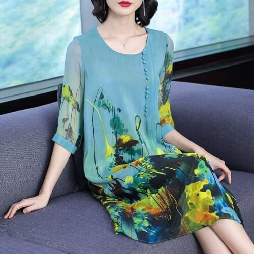 Imitate Silk dress female Spring summer loose print dresses fashion party casual vestidos high quality self-cultivation dress