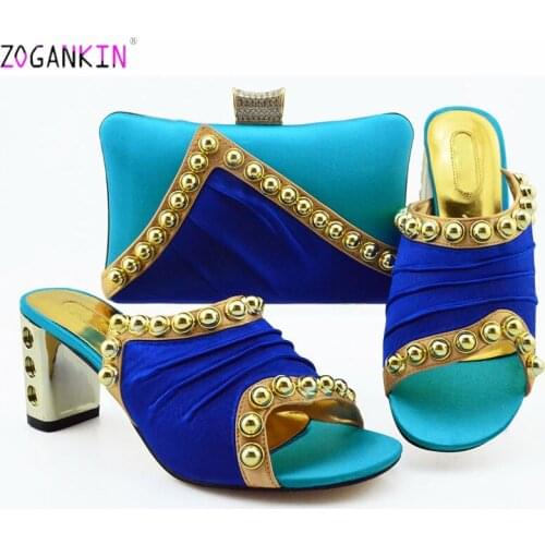 2019 Retro Style Sky Blue Color Shoes and Bag Sets African Women Shoes with Matching Bags Ladies Slipper for Royal Wedding