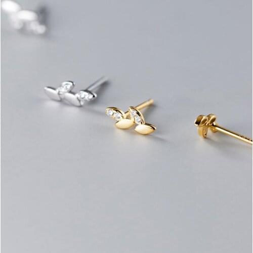 TINY Leaves Branch 925 Sterling Silver Gold-Plated CZ Stud Earrings A1898