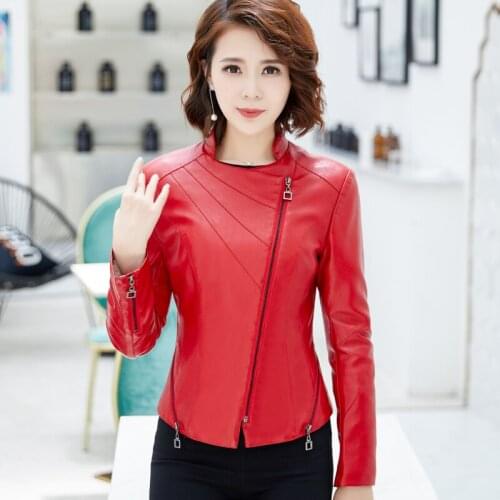 Diagonal zipper Leather women spring autumn slim new stand collar jacket women short leather jacket