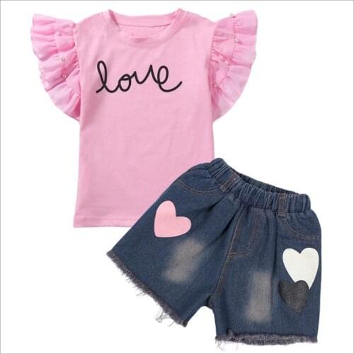 Summer Girls 2pcs Clothes Sets Pearl LOVE Short-sleeved T-shirt And Denim Shorts Pants Suits Children Clothing Set Kids Clothes