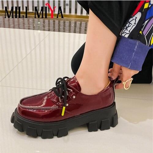 MILI-MIYA New Arrival Women Cow Leather Flats Platform Heel Lace-Up Solid Color Round Toe Casual Street Shoes Size 34-42