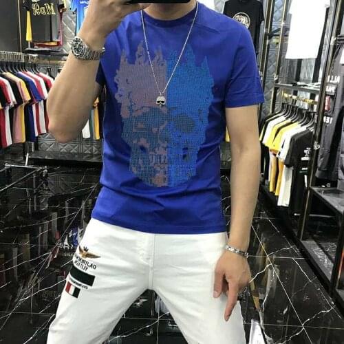 New Arrival Summer Mens Short Sleeve Diamond Skull Design T-Shirt Top Quality Fashion Casual Style 4 Colors