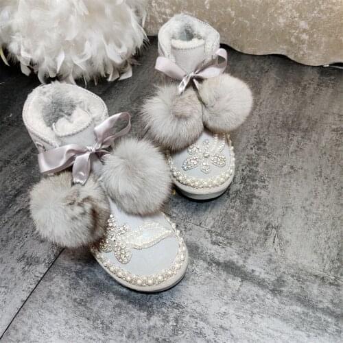 New handmade sequined pearl net red same style plus velvet fur one fox fur ball snow boots womens boots