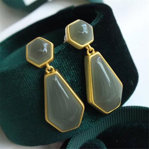 New silver inlaid natural Hetian Chalcedony earrings Chinese classical style geometric shape elegant charm womens jewelry