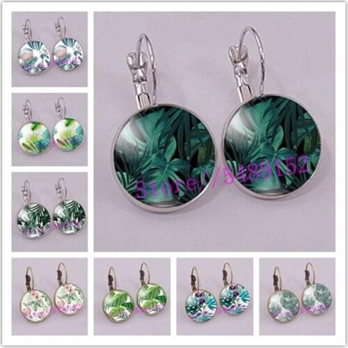 New Tropical Green Plant Leaf Round Earrings Glass Dome and Glass Dome Jewel Earrings