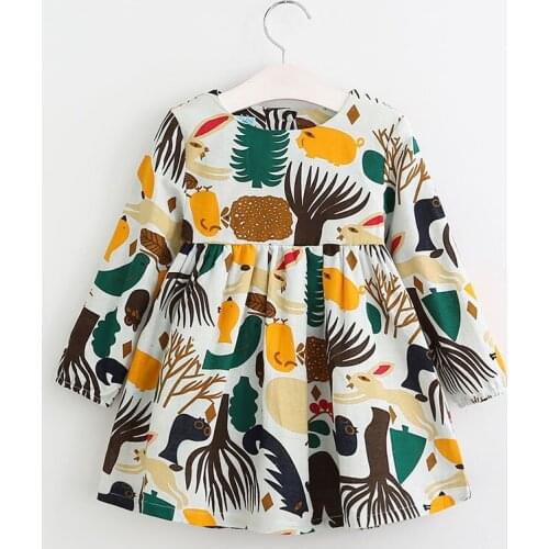 Girls Dress 2021 New Spring England Style Girls Clothes Long Sleeve Cartoon Forest Animals Graffiti for Kids Dresses
