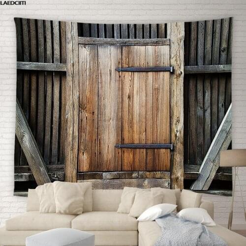 Retro Hippie Tapestry Country Farmhouse Geometric Old Wooden Door Background Wall Hanging Cloth Living Room Bedroom Home Decor