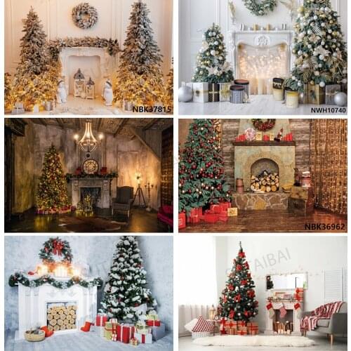 Christmas Fireplace Backdrops Xmas Tree Toys Gifts Winter Santa Socks Photography Backgrounds Kids Child Famliy Custom Portrait