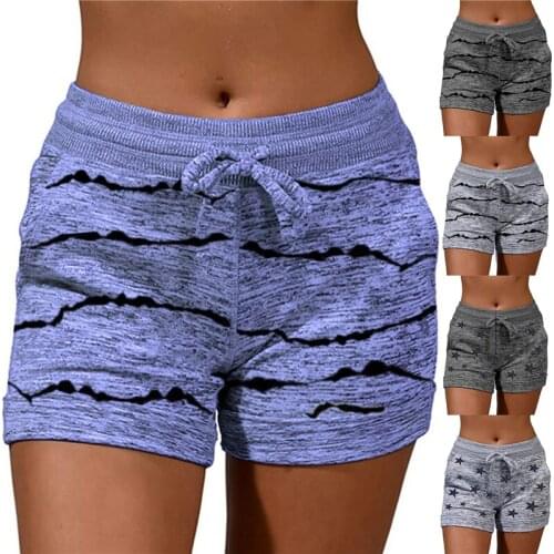Women Summer Casual Shorts Quick Drying Lace Up Ladies Vintage Striped Stars Printed Straight Shorts