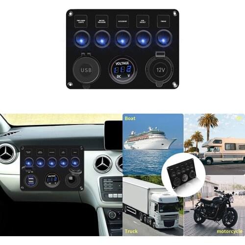 LED Rocker Switch Panel Digital Voltmeter Dual USB Port 12V Outlet Combination Waterproof Accessories For Car Marine Ship