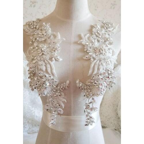 Gorgeous Rhinestone Crystal Applique Pair For Bridal Accessories Wedding Dress Sash Haute Couture Costume Embellishment 2 Colors