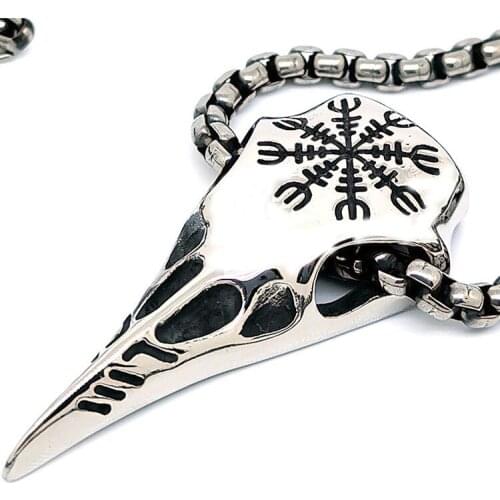 Vintage Silver Color Crow Head Necklace Viking Style Motorcycle Party Men Womens Leather Rope Necklace Retro Chain Jewelry