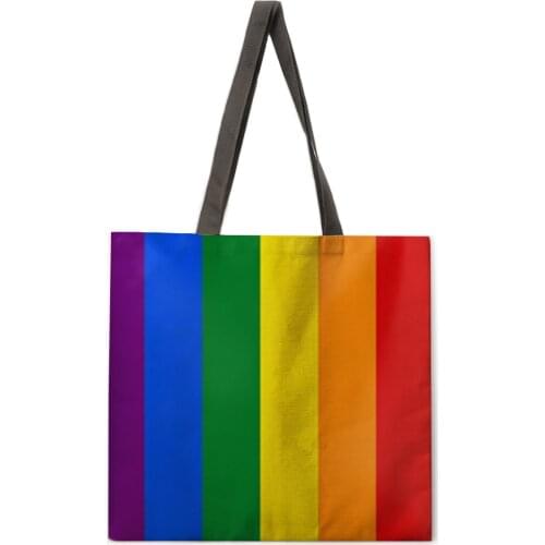 Ladies Shoulder Bag Rainbow Stripe Printing Casual Handbag Linen Fabric Handbag Reusable Shopping Bag Foldable Beach Bag Handbag