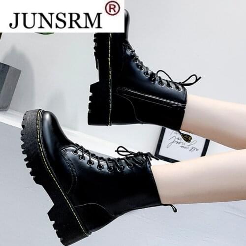 2021 Winter Fashion Womens Boots Lace Up Round Head Women Martin Boots Black Mid Heel Square Heel PU Leather Boots Women