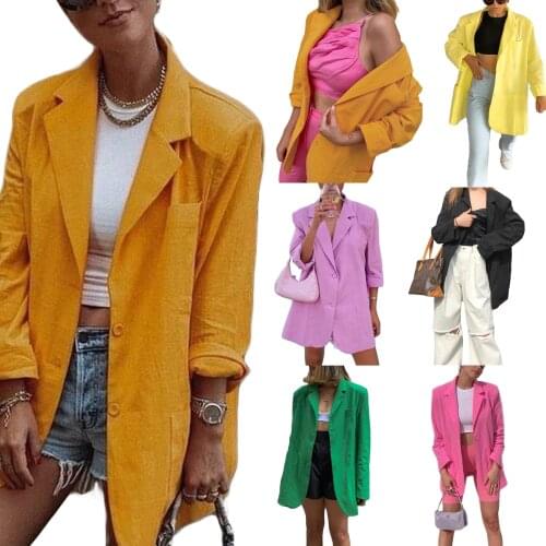 Women Formal Long Blazers with Shoulder Pad Solid Color Loose Style Suit Jacket S/ M/ L