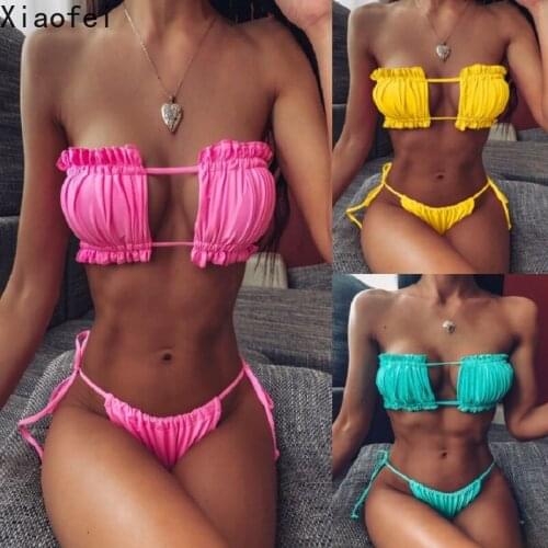 Women Pleated Bikini Set Swimsuit Female Mini Swimwear Hollow Out Beachwear Bathing Suit
