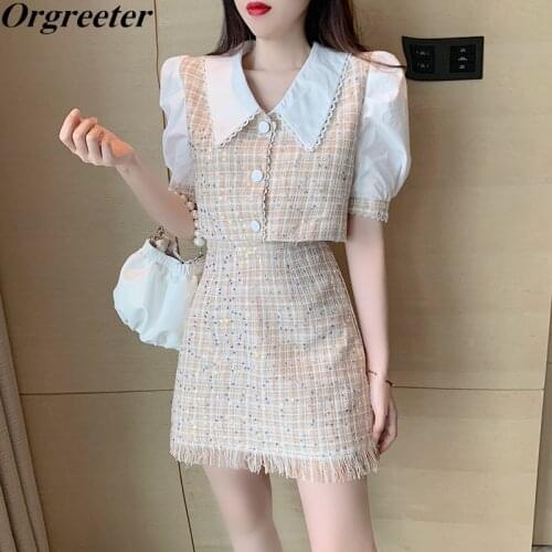 Summer New Sweet Peter pan collar Tweed Two piece Set Women Puff sleeve Sequined Shirt Tops and Tassel Bodycon Mini Skirt Suits