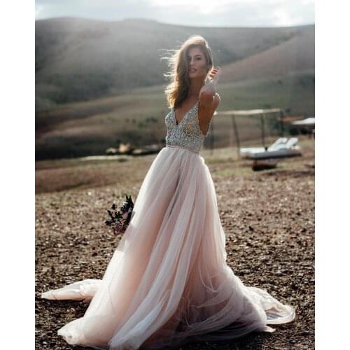 2021 New Spring Vestido De Noiva Robes Beaded Crystal Tulle Bridal Wedding Gown V Neck Beading Wedding Dress for Women Long