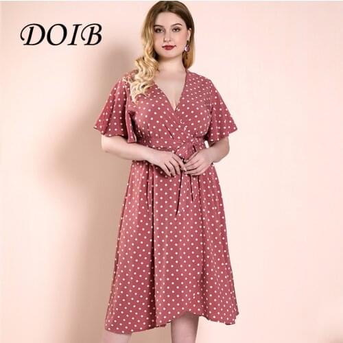 DOIB Women Pink Polk Dot Dress Plus Size Cross V Neck Butterfly Sleeve Large Size Dress 2021 Vintage Sashes Dress
