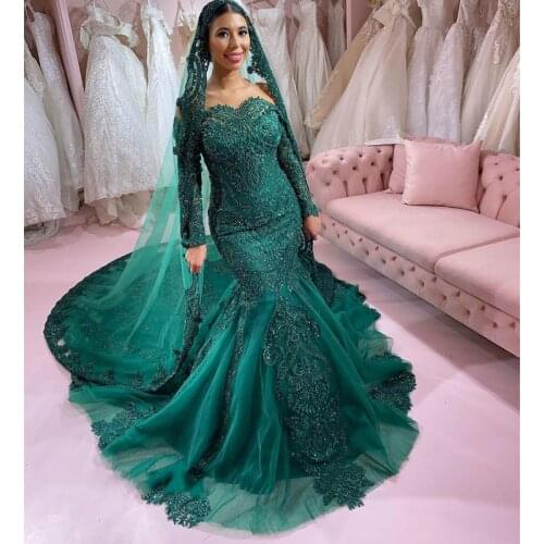 2020 Arabic Aso Ebi Hunter Green Mermaid Prom Party Dresses With Long Sleeves Lace Appliques Plus Size Formal Evening Occasion