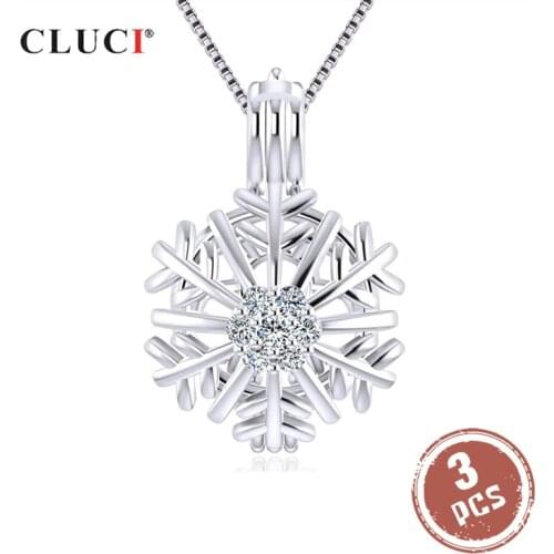CLUCI 3pcs 925 Sterling Silver Winter Snowflake Women Pendant Zircon Pearl Cage Christmas Gift Wish Pearl Locket Pendant SC345SB