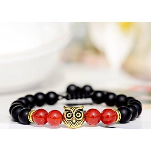 8MM Black Matte Stone Braided Bracelet Women Ethnic Prayer Gold Owl Bracelet Red Stone Bracelets&Bangles Men ABK001