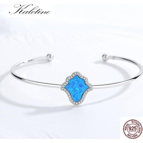 Kaletine 925 Sterling Silver Bracelet Bangles for Women Luck Hamsa Fatima Blue Synthetic Opal Open Snake Chain Fashion Jewelry