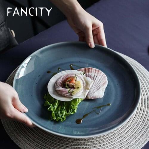 FANCITY European-style western food large plate steak plate ceramic dish creative dinner plate disc restaurant blue tableware pl