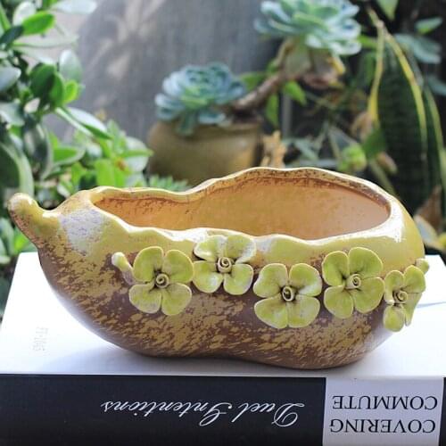 Coarse Pottery Floral Pattern Pot Hand-painted Succulent Creative Ceramic Calabash Flower Pot Vase Garden Mini Bonsai Home Decor