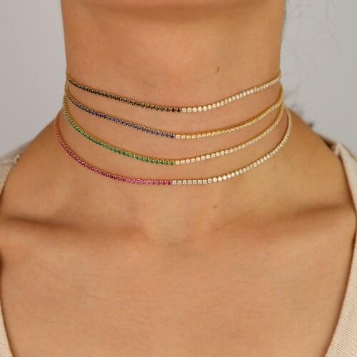 Delicate Thin cz tennis choker necklace Blue Cubic zirconia Flower Charms Trendy women collar chokers Gold