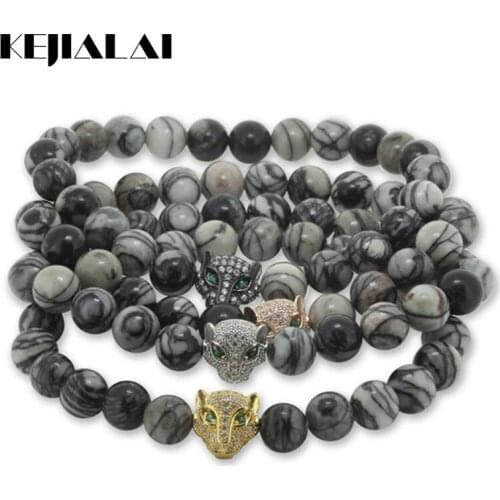KEJIALAI 8mm Natural Charm Bracelets Spider Web Round Stone Beads Micro Inserts Zircon Bracelets Mens Leopard Head Bracelet