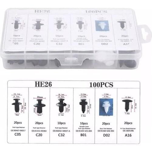 HE26 Fastener Clip 6 Size Mixed 100pcs Auto Car Body Push Retainer Pin Rivet Bumper Door Trim Panel Retainer Fastener Kit