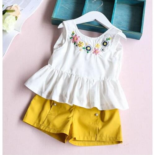 Embroidered Girls Clothing Sets 2020 Summer Kids Clothes Flower Sleeveless T shirt + Short 2PCS Set Cute Children Clothing