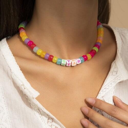 Korea Transparent Colorful Beaded Choker Necklace for Women Fashion Geometric Star Letter Square Beads Necklace Party Jewelry