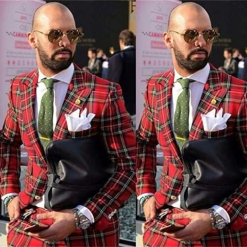 Fashionable Italian Red Plaid Men Suits Groomsmen Peak Lapel Groom Tuxedos 2 Piece Set Wedding/Prom/Dinner Best Man Blazer